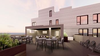 a rendering of an outdoor patio with tables and chairs